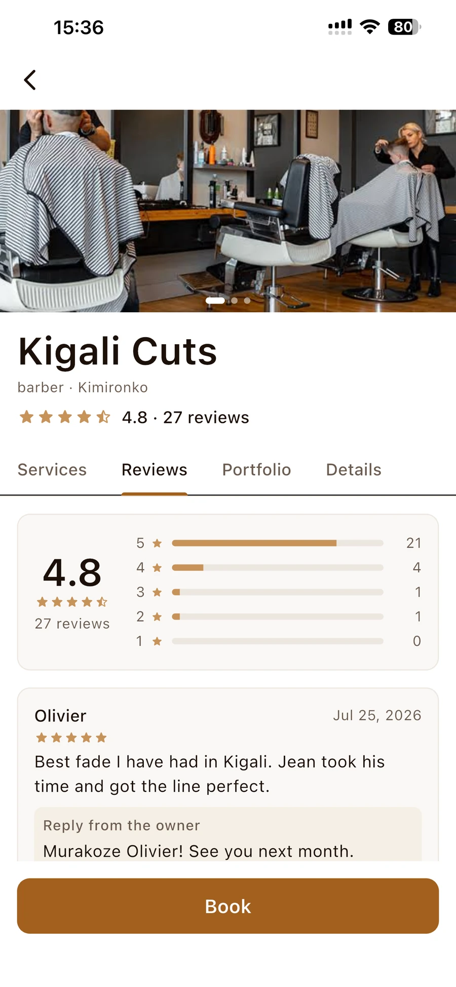 A provider's rating breakdown and a client review in the client app