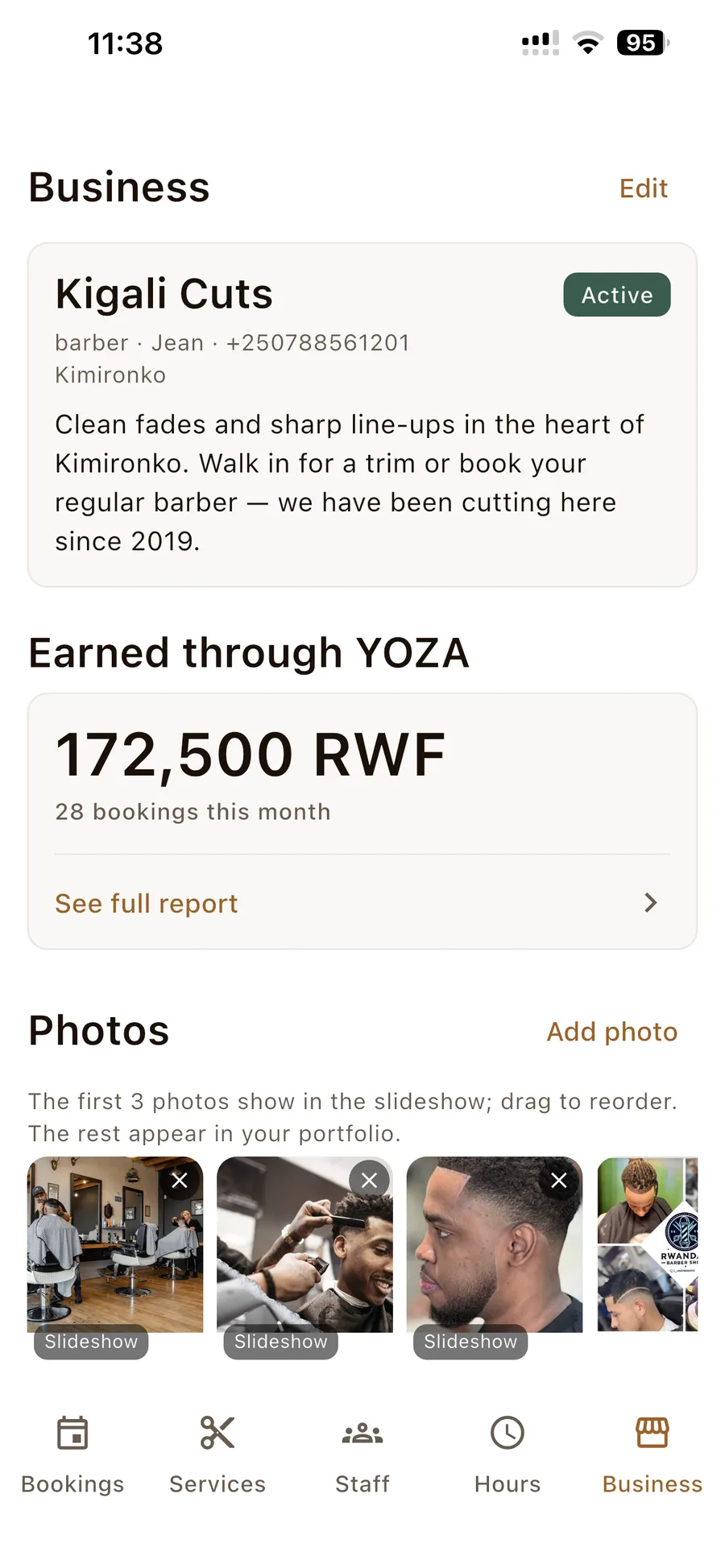 The provider app's business view, showing earnings and bookings for the month